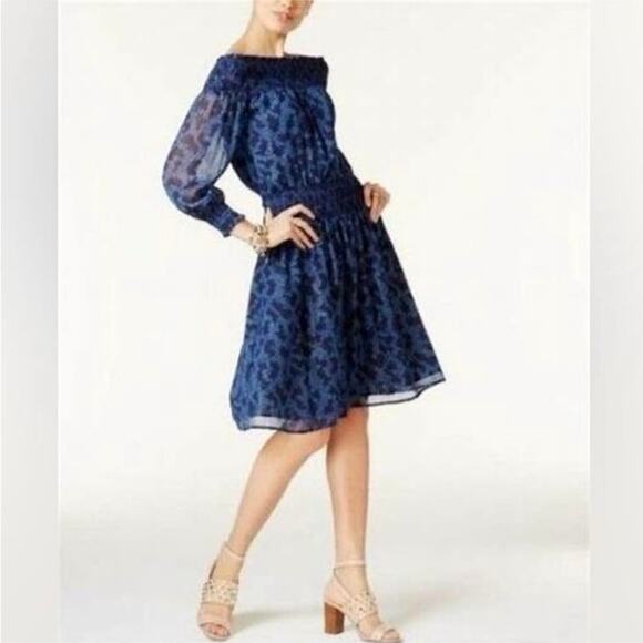 Michael Kors Off Shoulder Dress Womens Party Sheer Special Occasion Blue New - Picture 1 of 16